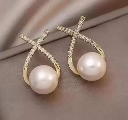Korean Cross Pearl Stud Earrings for Women – Gold-Plated Designer Studs
