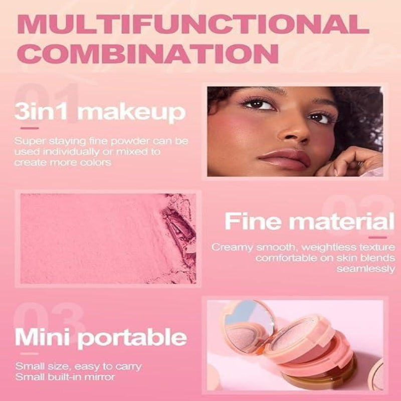 3-in-1 Face Makeup Palette – Blusher + Highlighter Mini Compact (Travel-Friendly)
