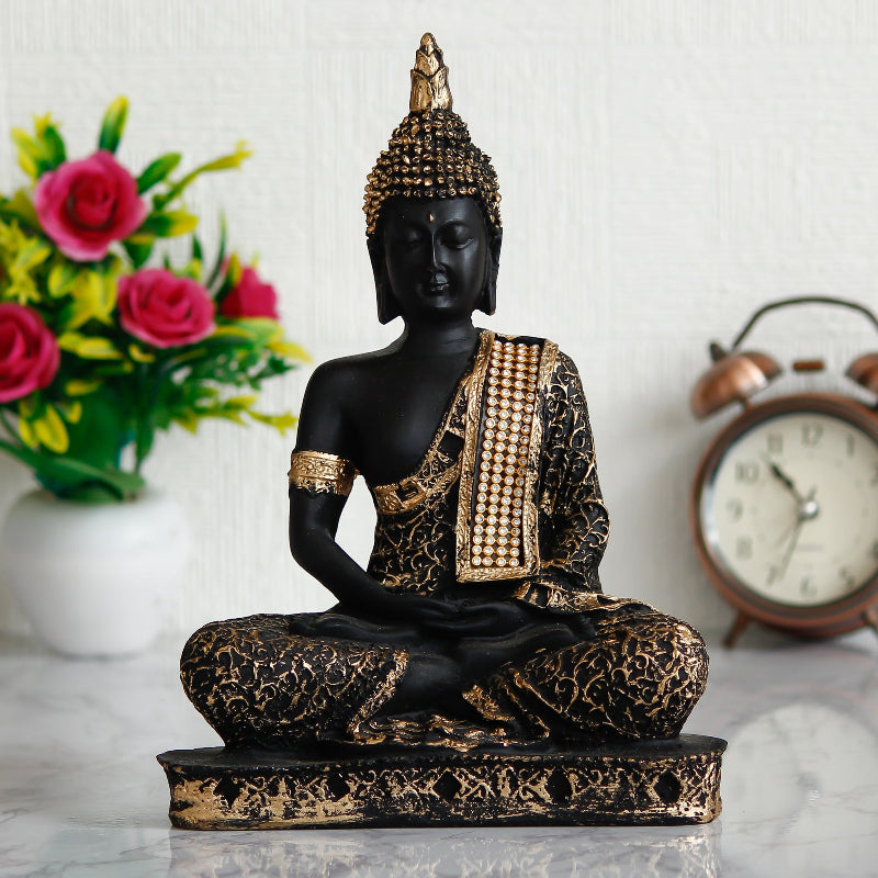 Handcrafted Black & Gold Meditating Lord Buddha Decorative Showpiece – Peace & Positivity Décor