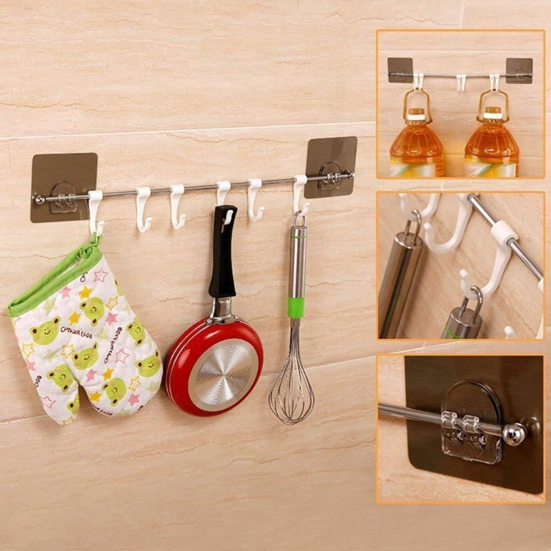 Wall-Mounted Kitchen Utensil Hanging Rack with 6 Hooks – No-Drill Adhesive Organizer