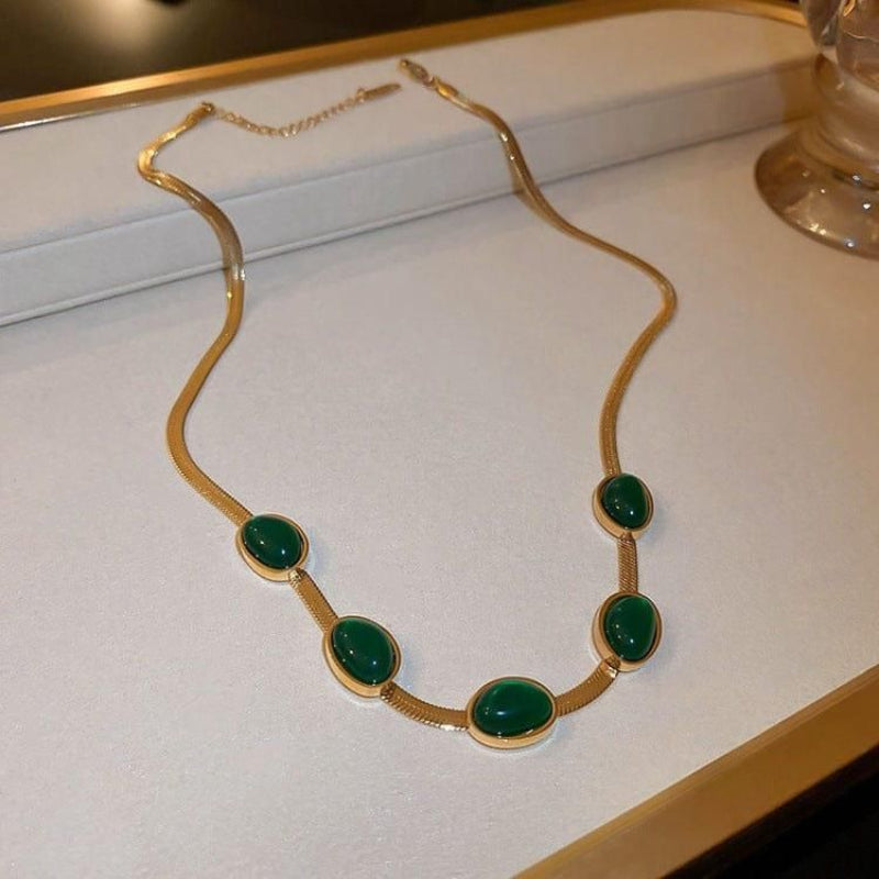 Oval Green Crystal Pendant Necklace & Bracelet Set – Gold Plated Jewelry
