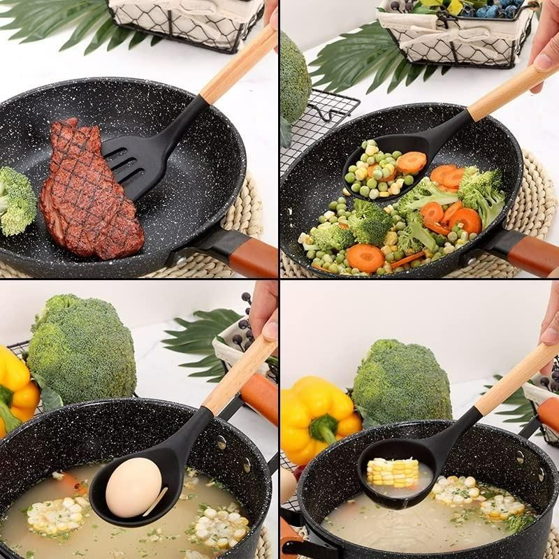Premium Silicone Kitchen Cooking Utensils Set (11 Pieces) with Wooden Handles & Storage Holder