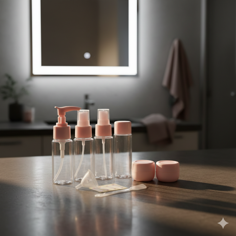 Portable Travel Cosmetics Bottles Set with Spray & Press Pumps – Makeup & Toiletry Containers (Pack of 7)