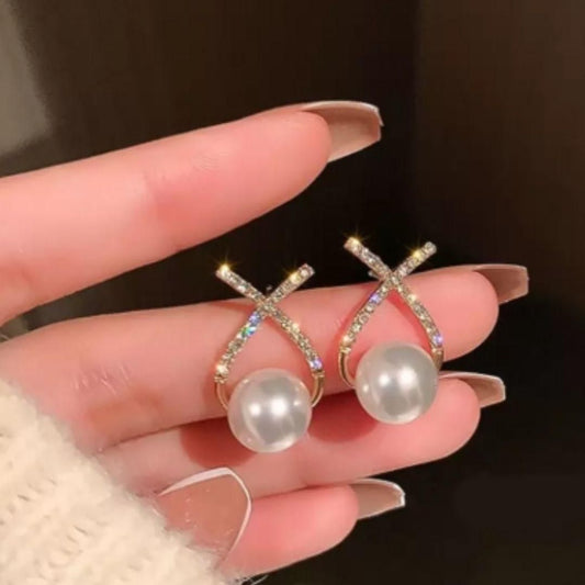 Korean Cross Pearl Stud Earrings for Women – Gold-Plated Designer Studs