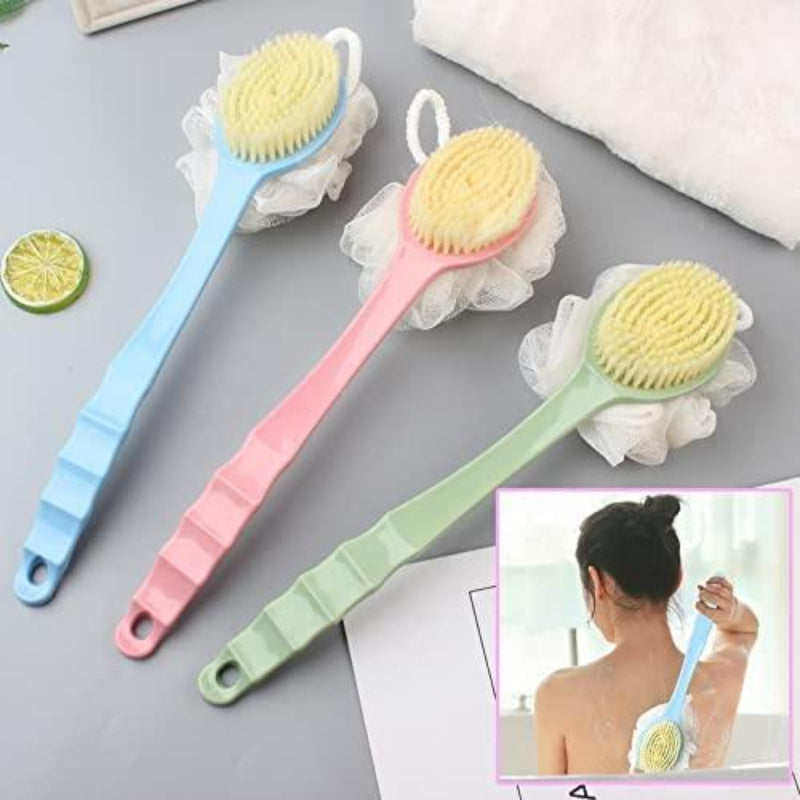2-in-1 Double-Sided Bath Brush with Handle – Loofah & Soft Bristle Back Scrubber