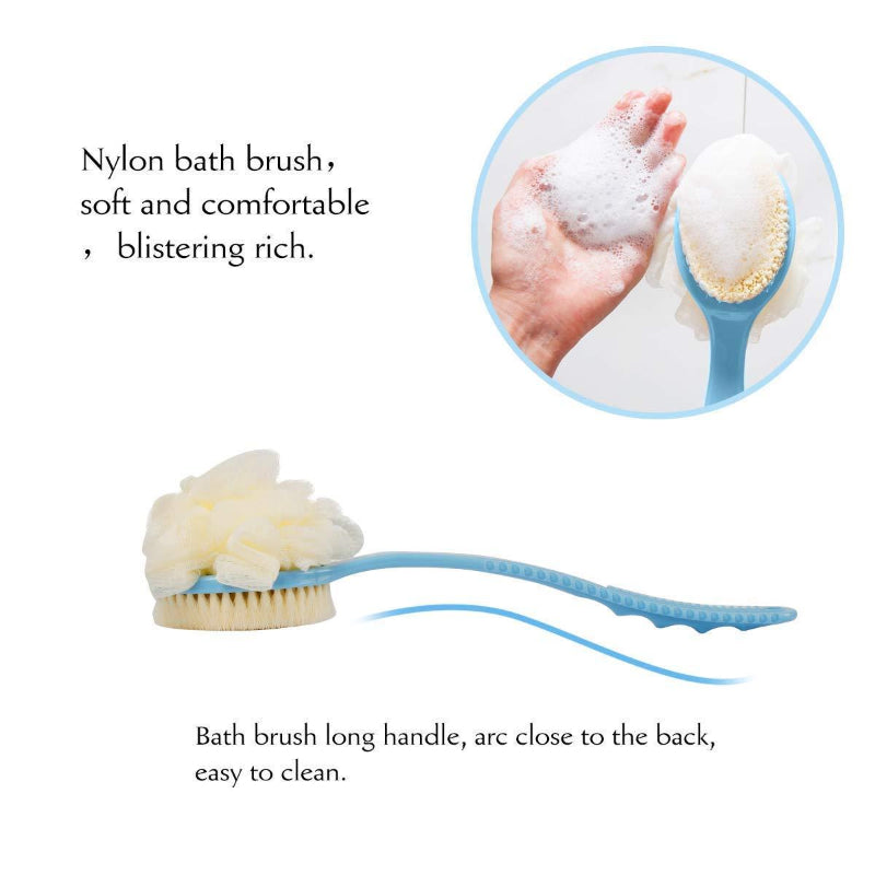 2-in-1 Double-Sided Bath Brush with Handle – Loofah & Soft Bristle Back Scrubber