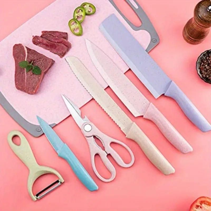 7-Piece Colorful Stainless Steel Kitchen Knife Set with Chopping Board, Peeler & Scissors
