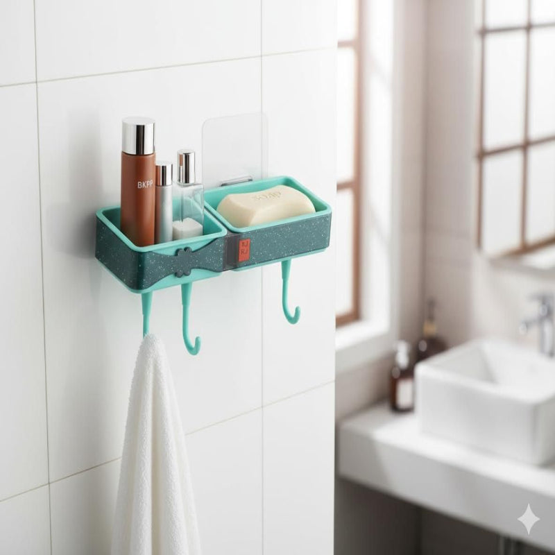 Wall-Mounted Bathroom Shelf with Hooks – No-Drill Dual Compartment Self-Adhesive Organizer