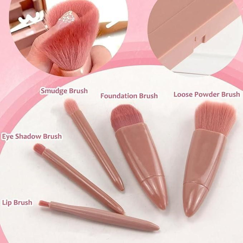 5-in-1 Professional Makeup Brush Set with Built-In Mirror Case (Travel-Friendly)