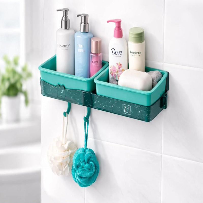 Wall-Mounted Bathroom Shelf with Hooks – No-Drill Dual Compartment Self-Adhesive Organizer