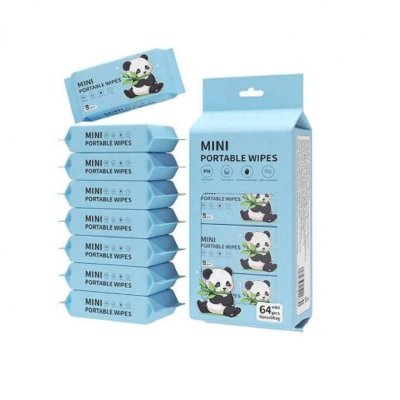 Mini Portable Disposable Baby Wipes – 64 Wet Wipes in 8 Travel Pouches for Face & Household Use