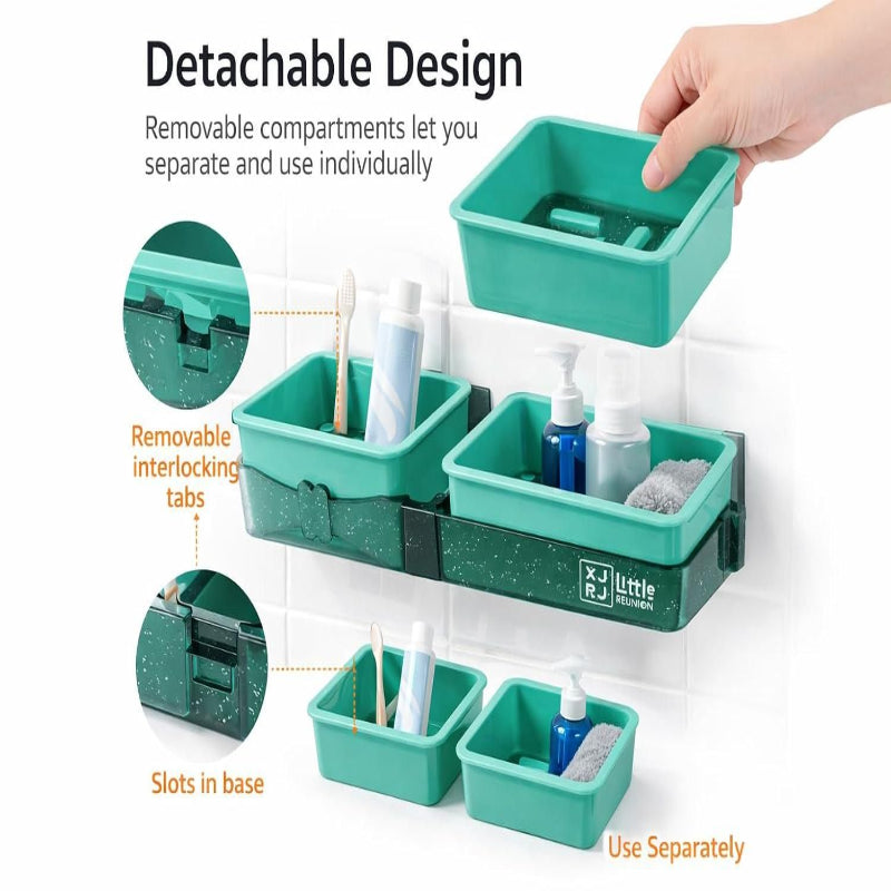 Wall-Mounted Bathroom Shelf with Hooks – No-Drill Dual Compartment Self-Adhesive Organizer