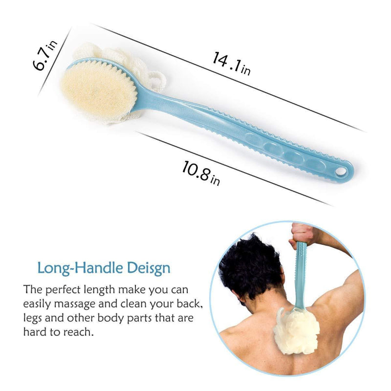 2-in-1 Double-Sided Bath Brush with Handle – Loofah & Soft Bristle Back Scrubber