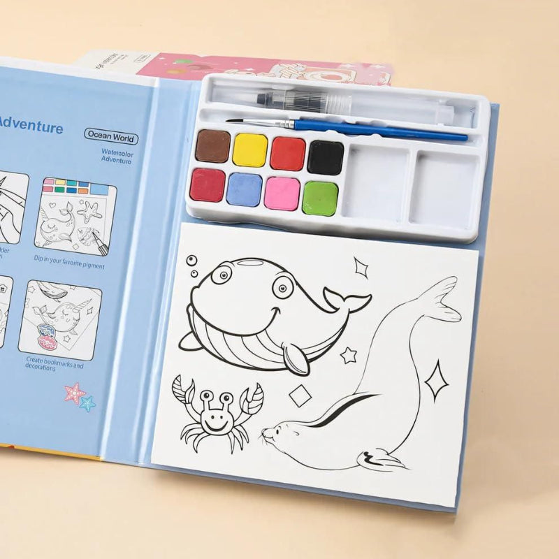 Kids Water Painting Activity Book with Watercolors & Brush – Portable Creative Learning Set
