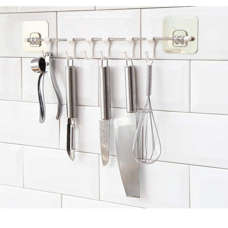 Wall-Mounted Kitchen Utensil Hanging Rack with 6 Hooks – No-Drill Adhesive Organizer