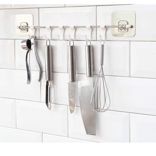 Wall-Mounted Kitchen Utensil Hanging Rack with 6 Hooks – No-Drill Adhesive Organizer