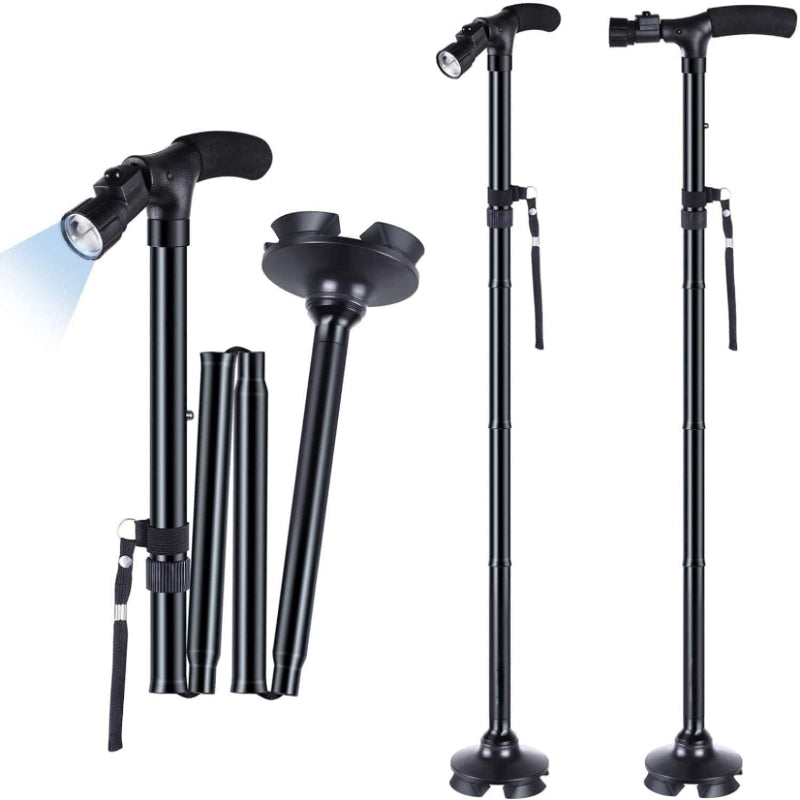 Foldable Aluminium Walking Stick with LED Light – Adjustable Support Cane for Seniors