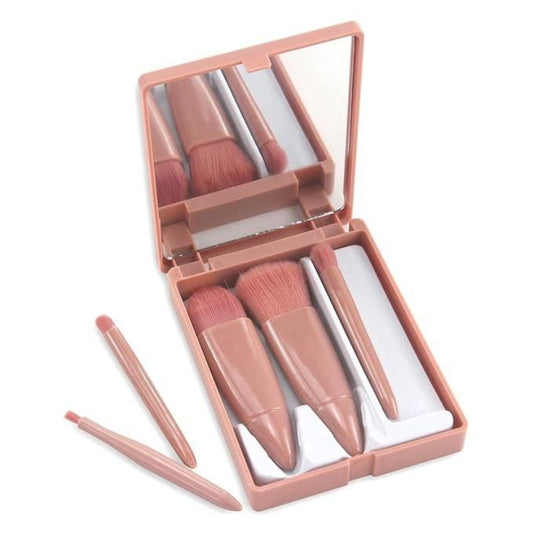 5-in-1 Professional Makeup Brush Set with Built-In Mirror Case (Travel-Friendly)