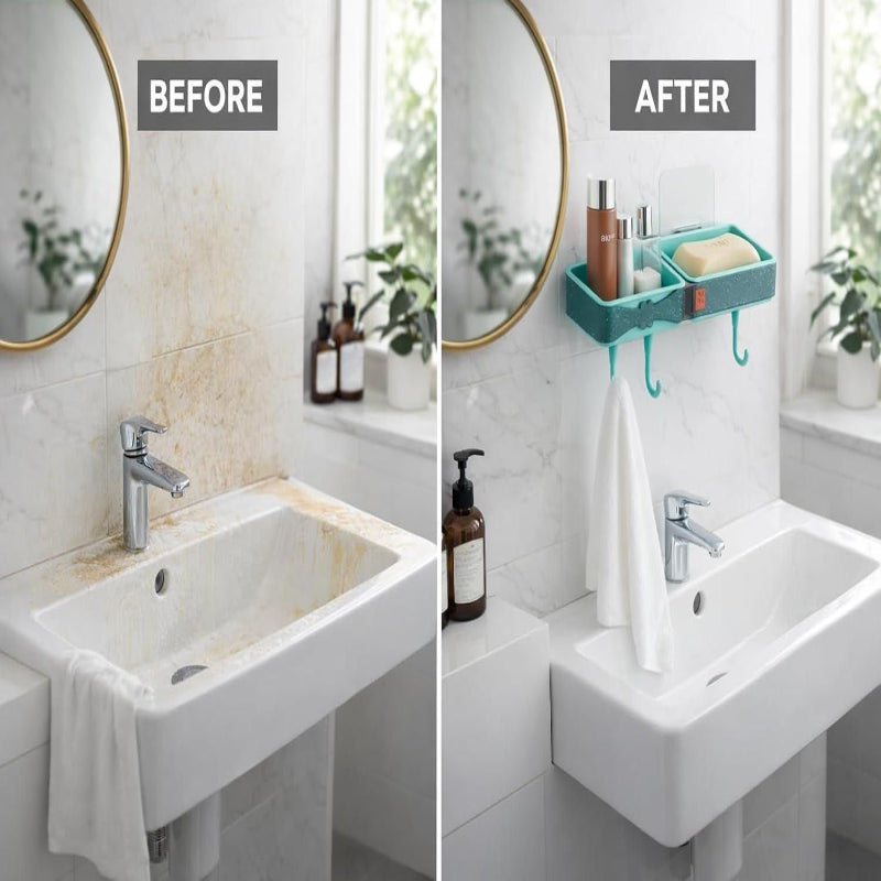 Wall-Mounted Bathroom Shelf with Hooks – No-Drill Dual Compartment Self-Adhesive Organizer
