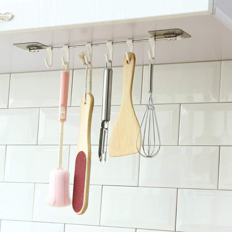 Wall-Mounted Kitchen Utensil Hanging Rack with 6 Hooks – No-Drill Adhesive Organizer