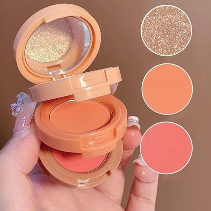 3-in-1 Face Makeup Palette – Blusher + Highlighter Mini Compact (Travel-Friendly)