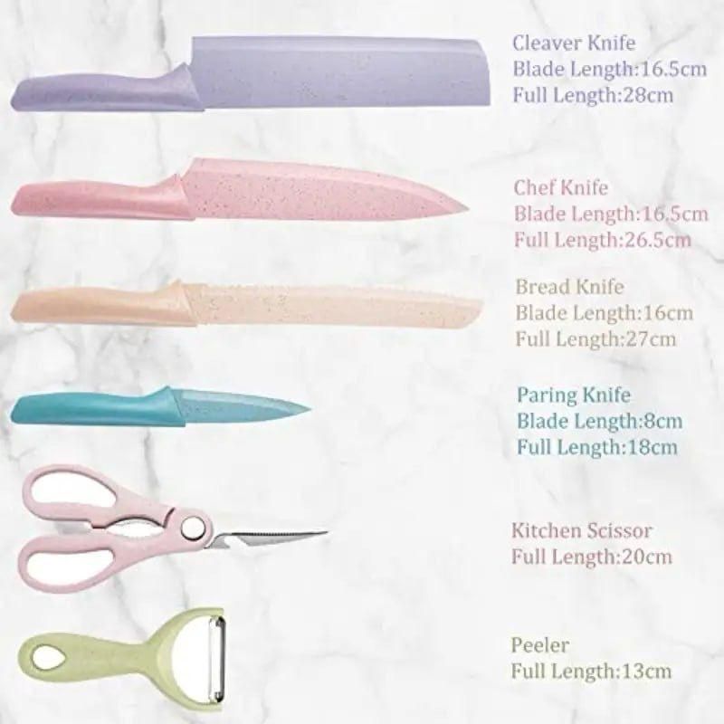 7-Piece Colorful Stainless Steel Kitchen Knife Set with Chopping Board, Peeler & Scissors