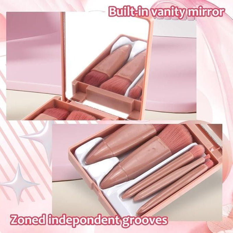 5-in-1 Professional Makeup Brush Set with Built-In Mirror Case (Travel-Friendly)