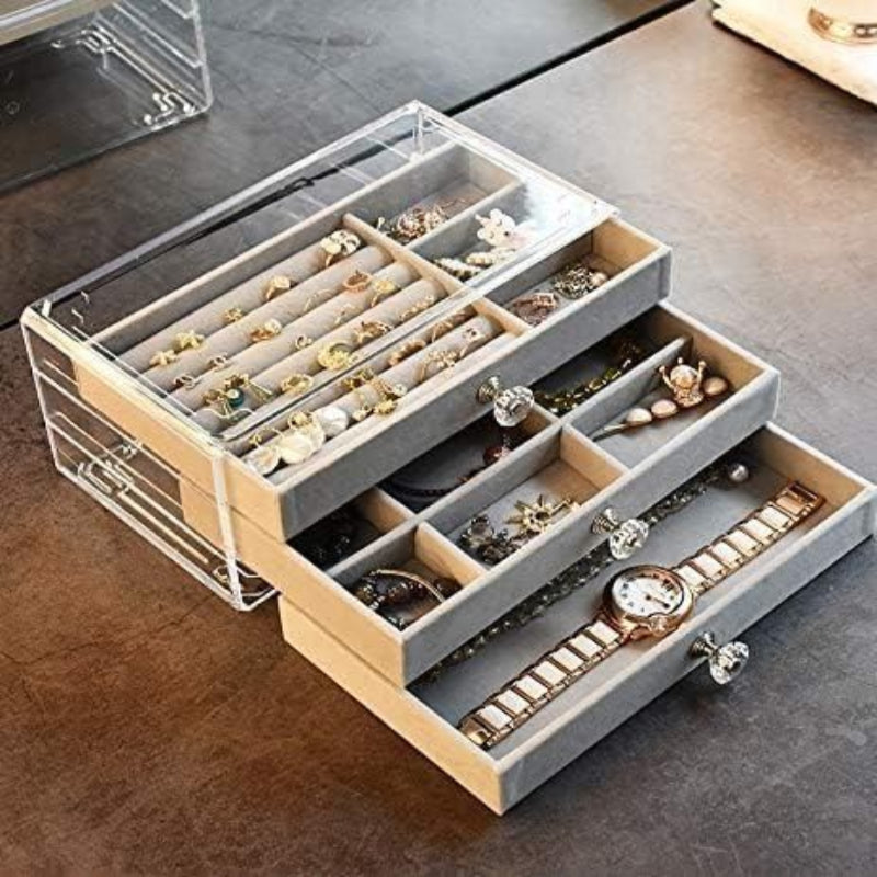 Premium 3-Layer Jewellery Storage Box with Velvet Lining & Transparent Lid
