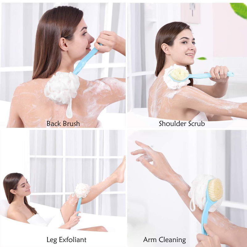 2-in-1 Double-Sided Bath Brush with Handle – Loofah & Soft Bristle Back Scrubber