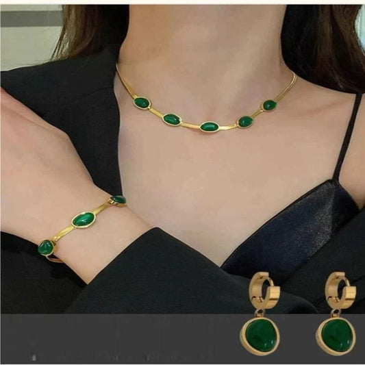 Oval Green Crystal Pendant Necklace & Bracelet Set – Gold Plated Jewelry