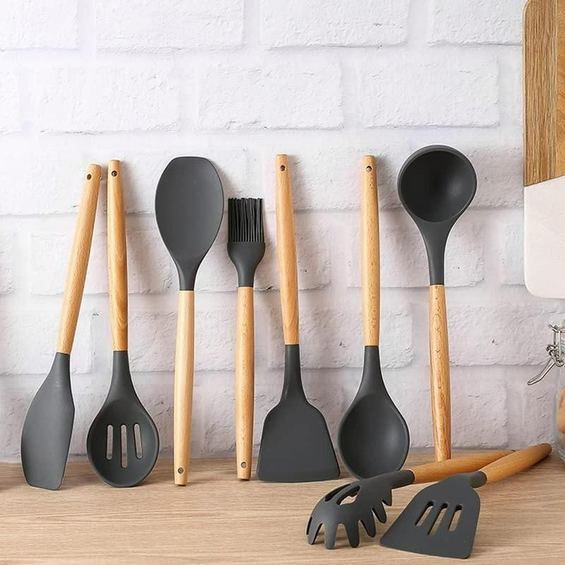 Premium Silicone Kitchen Cooking Utensils Set (11 Pieces) with Wooden Handles & Storage Holder