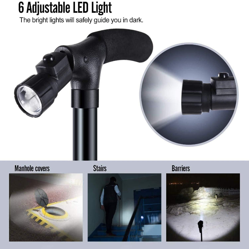 Foldable Aluminium Walking Stick with LED Light – Adjustable Support Cane for Seniors