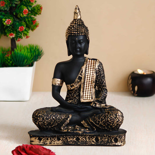 Handcrafted Black & Gold Meditating Lord Buddha Decorative Showpiece – Peace & Positivity Décor