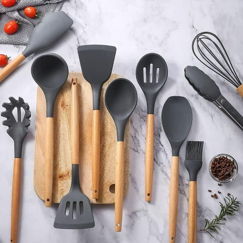 Premium Silicone Kitchen Cooking Utensils Set (11 Pieces) with Wooden Handles & Storage Holder