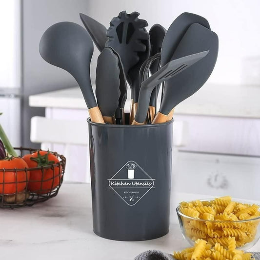 Premium Silicone Kitchen Cooking Utensils Set (11 Pieces) with Wooden Handles & Storage Holder