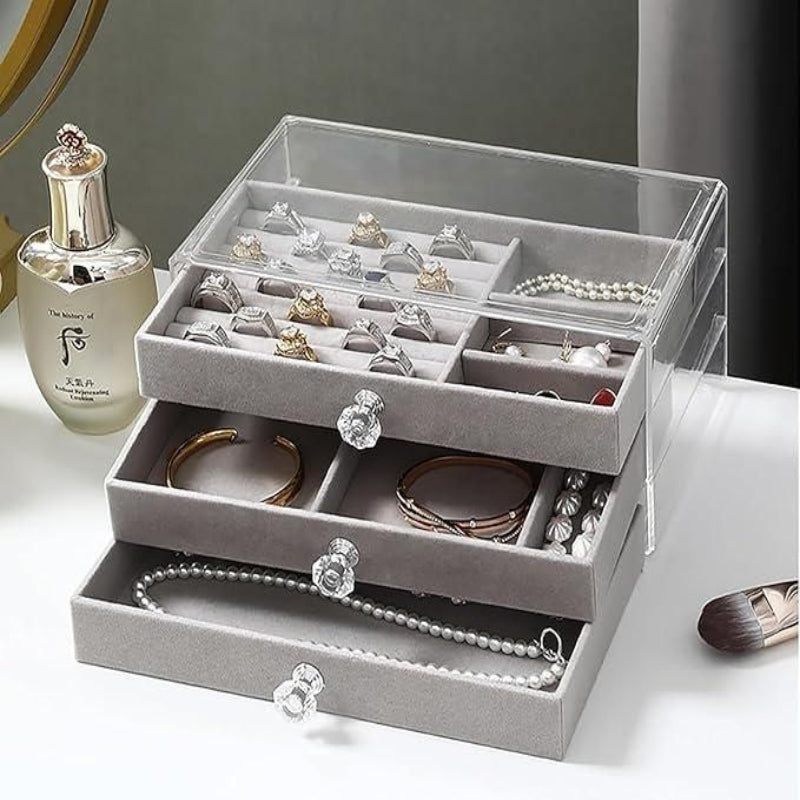 Premium 3-Layer Jewellery Storage Box with Velvet Lining & Transparent Lid