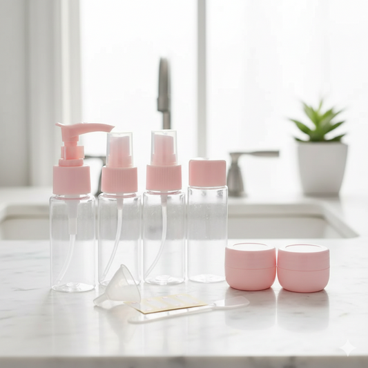 Portable Travel Cosmetics Bottles Set with Spray & Press Pumps – Makeup & Toiletry Containers (Pack of 7)