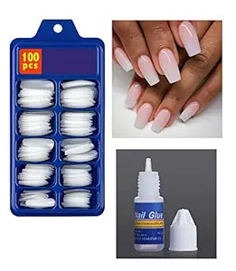 Artificial Acrylic Nails Set with Glue – Full Cover Fake Nails (100 Pcs)